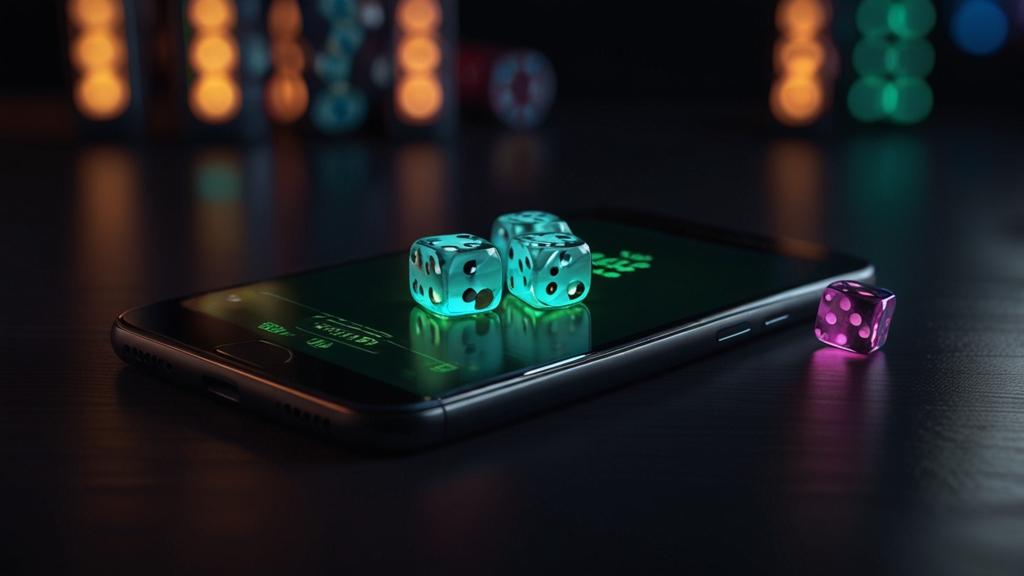 Smartphone met dice-app en downloadscherm in een donkere casino-omgeving