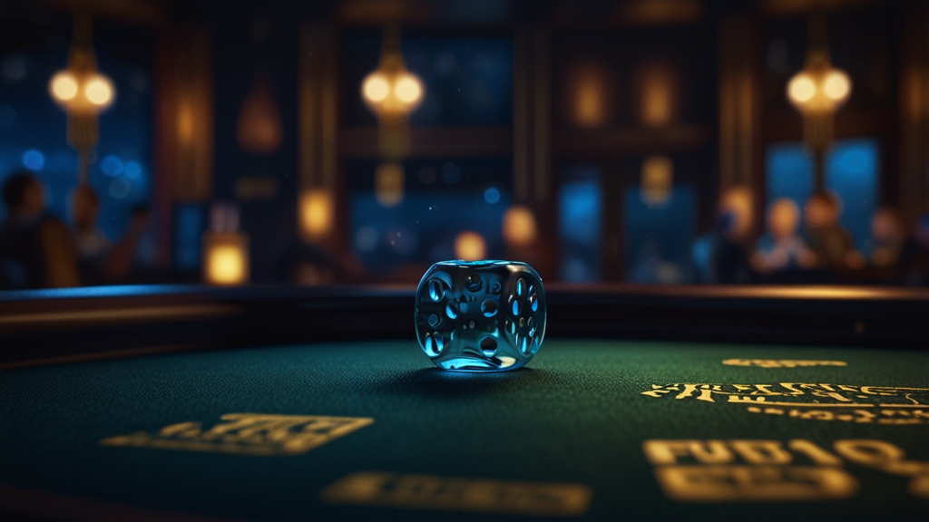 Donkere casinotafel met dobbelstenen en een bonuskaart in sfeervol licht