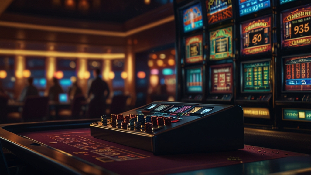 Scherm met verwerking van een opname in een donker casino-interieur
