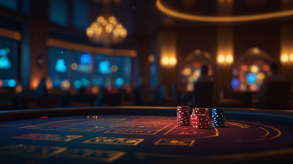 Donkere casinotafel met no deposit bonuskaart, dobbelstenen en inzetmeter